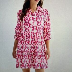 New! ELLEN TRACY Fuschia Ikat Print Puff Sleeve Tiered Mini Dress Size M Pockets